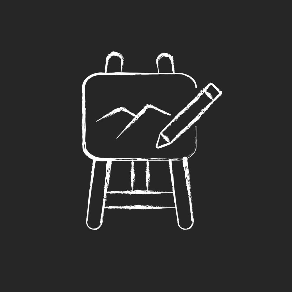 Art chalk white icon on dark background. Painting on drawing easel, pencil. Hands-on creative project in class. Art lessons in schools, universities. Isolated vector chalkboard illustration on black