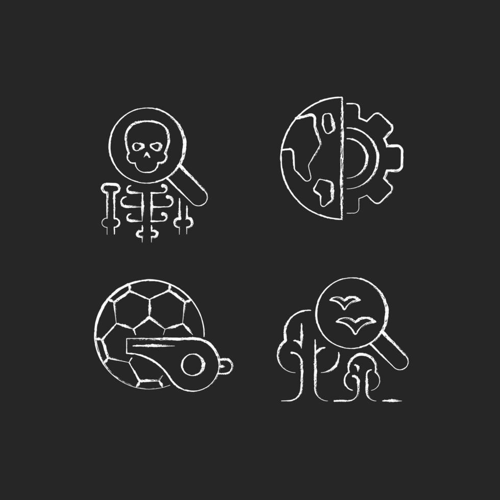 Variety of school subjects chalk white icons set on dark background. Earth, environmental sciences. Physical classes in educational institutions. Isolated vector chalkboard illustrations on black