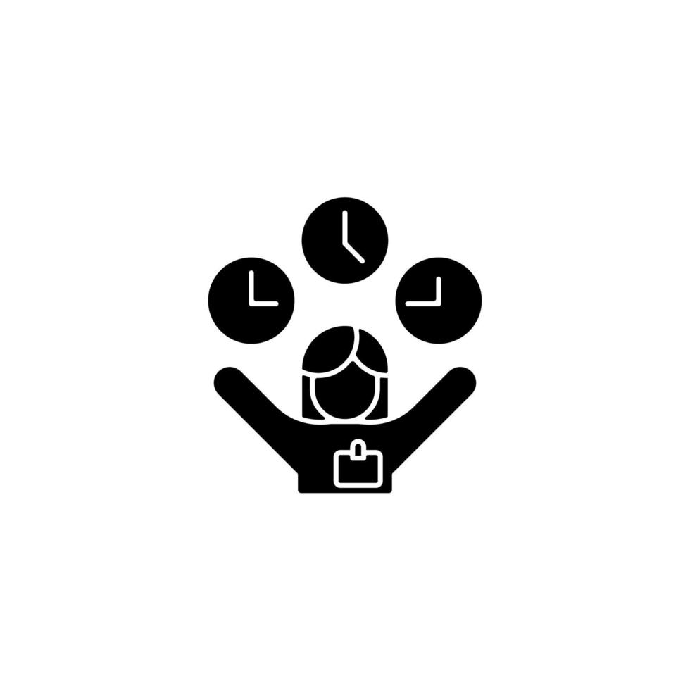 Flexible hours black glyph icon. Providing schedule flexibility. Support employee mental health. Work-life balance. Flextime arrangement. Silhouette symbol on white space. Vector isolated illustration