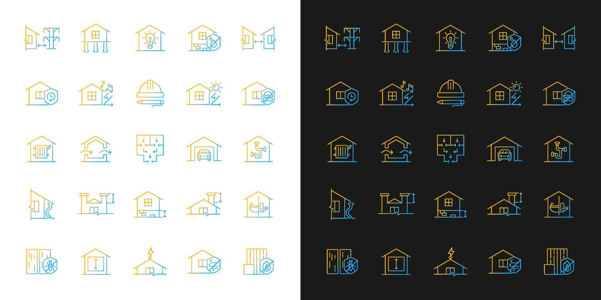 Building safety requirements gradient icons set for dark and light mode. Remodeling house. Thin line contour symbols bundle. Isolated vector outline illustrations collection on black and white