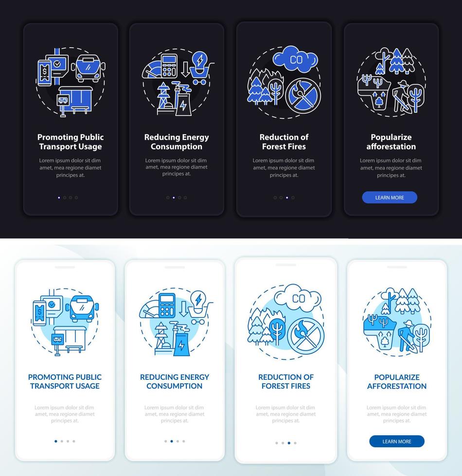 Green initiatives onboarding mobile app page screen. Reduce forest fire walkthrough 4 steps graphic instructions with concepts. UI, UX, GUI vector template with linear night and day mode illustrations