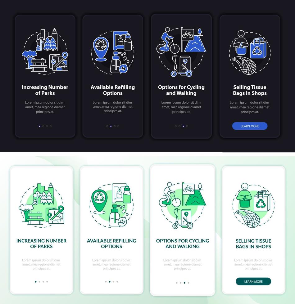 Green solutions onboarding mobile app page screen. Recyclable products walkthrough 4 steps graphic instructions with concepts. UI, UX, GUI vector template with linear night and day mode illustrations