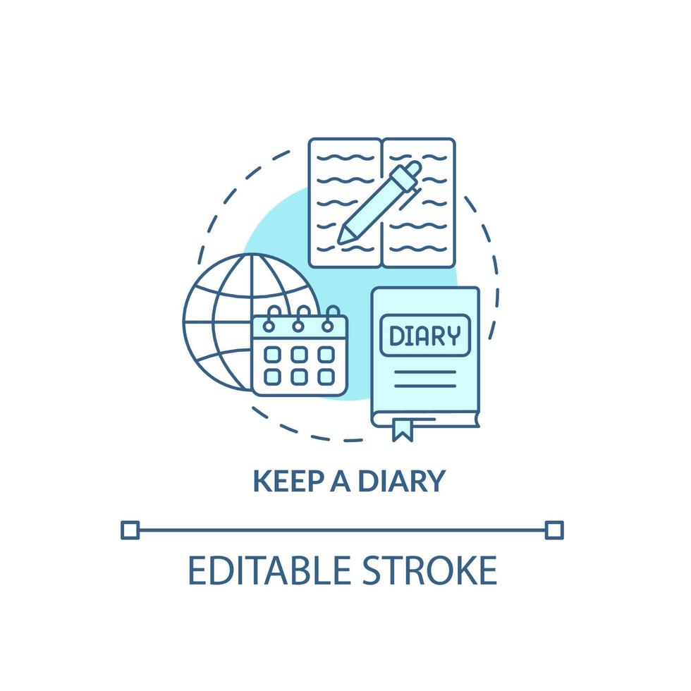 Keep diary blue concept icon. Adjusting to living abroad abstract idea thin line illustration. Personal journal. Record impressions, experience. Vector isolated outline color drawing. Editable stroke