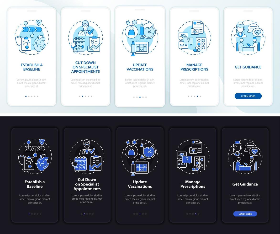 Razones para visitar al médico Pantalla de la página de la aplicación móvil de incorporación oscura y clara. tutorial 5 pasos instrucciones gráficas con conceptos. ui, ux, plantilla vectorial gui con ilustraciones lineales en modo día y noche vector