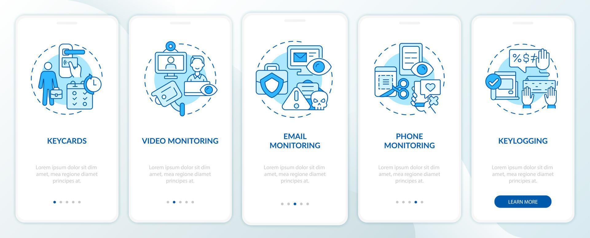 Types of employee monitoring blue onboarding mobile app page screen