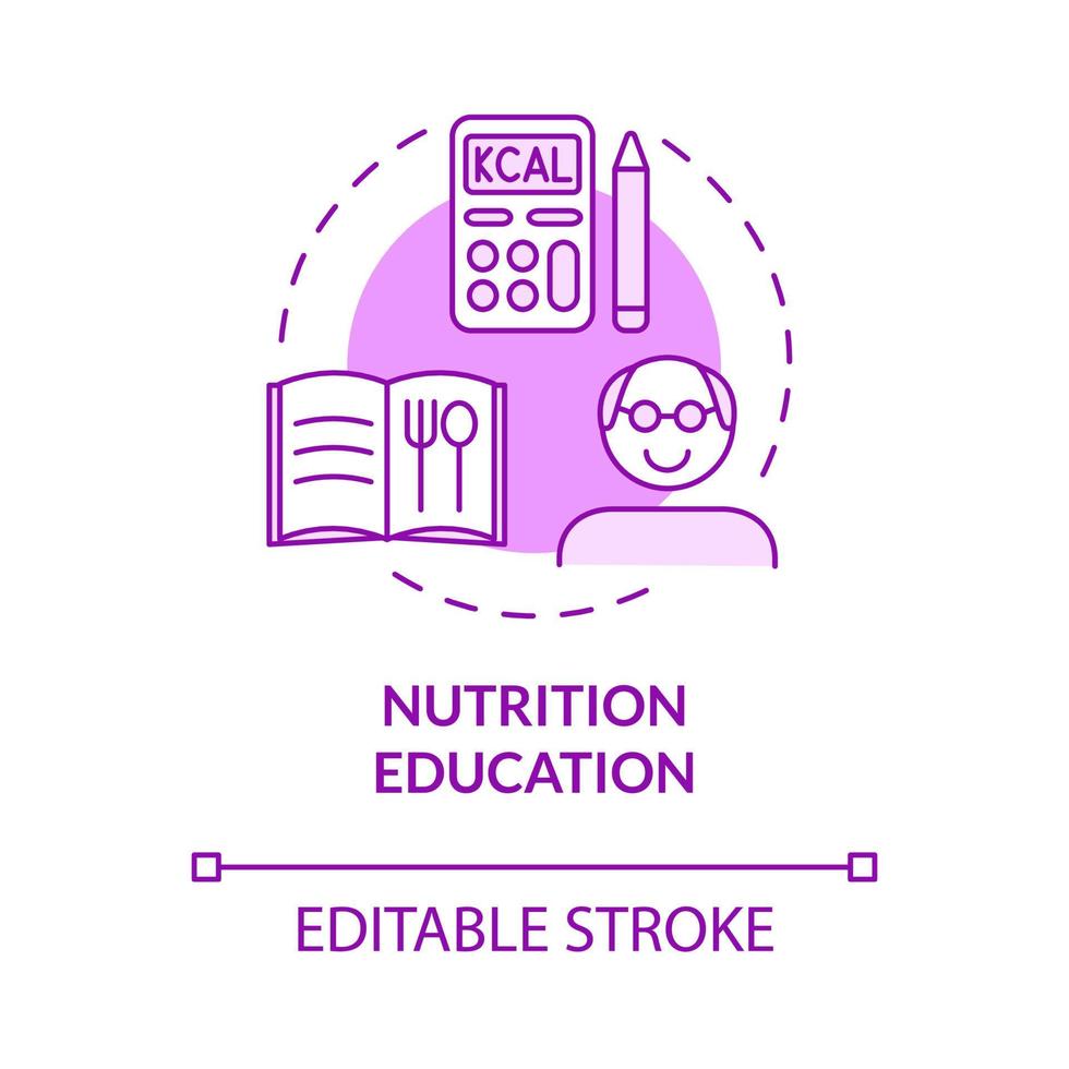 Nutrition education purple concept icon. Learn to choose healthy food abstract idea thin line illustration. Isolated outline drawing. Editable stroke. Roboto-Medium, Myriad Pro-Bold fonts used vector