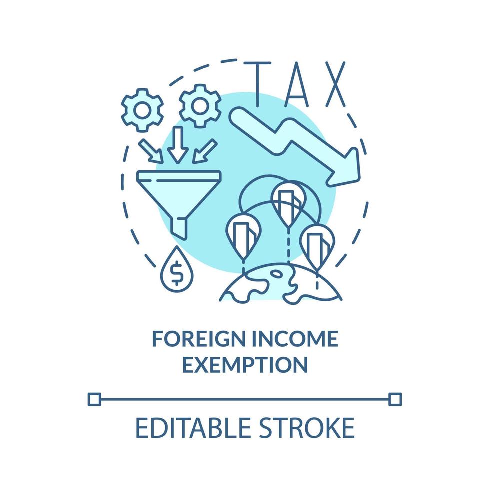 Foreign income exemption turquoise concept icon. Reducing taxes abstract idea thin line illustration. Isolated outline drawing. Editable stroke. Roboto-Medium, Myriad Pro-Bold fonts used vector