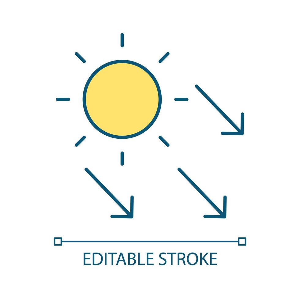 Sunbeams RGB color icon. Sunlight and radiance. Glowing and radiation. Alternative source of energy. Isolated vector illustration. Simple filled line drawing. Editable stroke. Arial font used