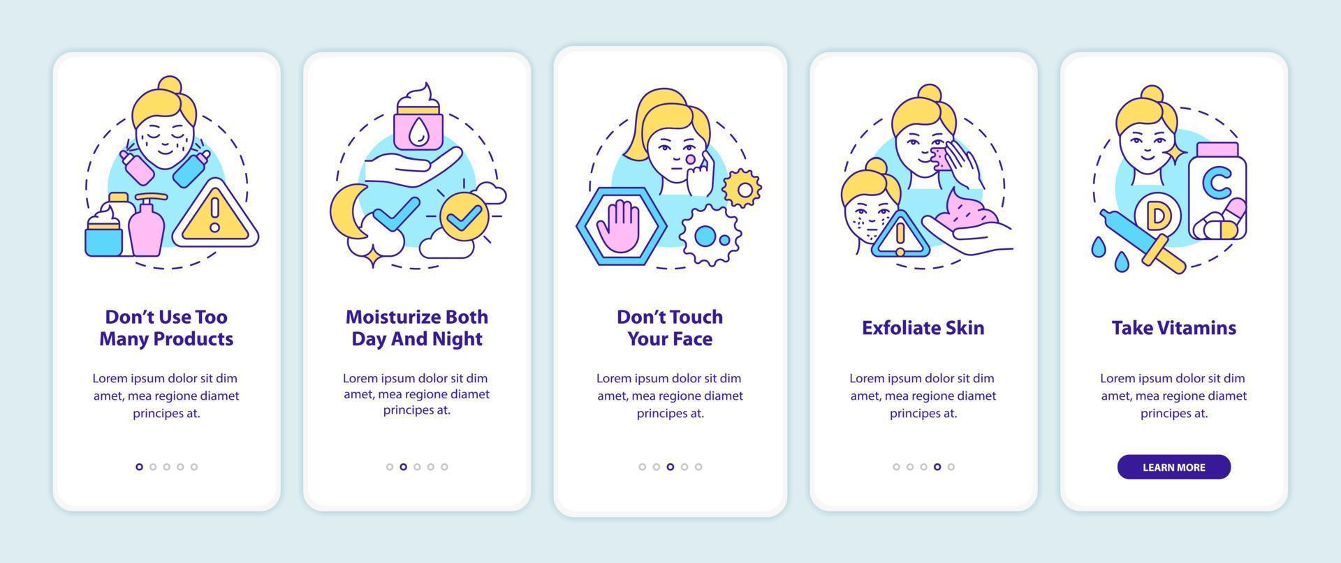 Skincare tips onboarding mobile app screen. Healthy skin walkthrough 5 steps graphic instructions pages with linear concepts. UI, UX, GUI template. Myriad Pro-Bold, Regular fonts used vector