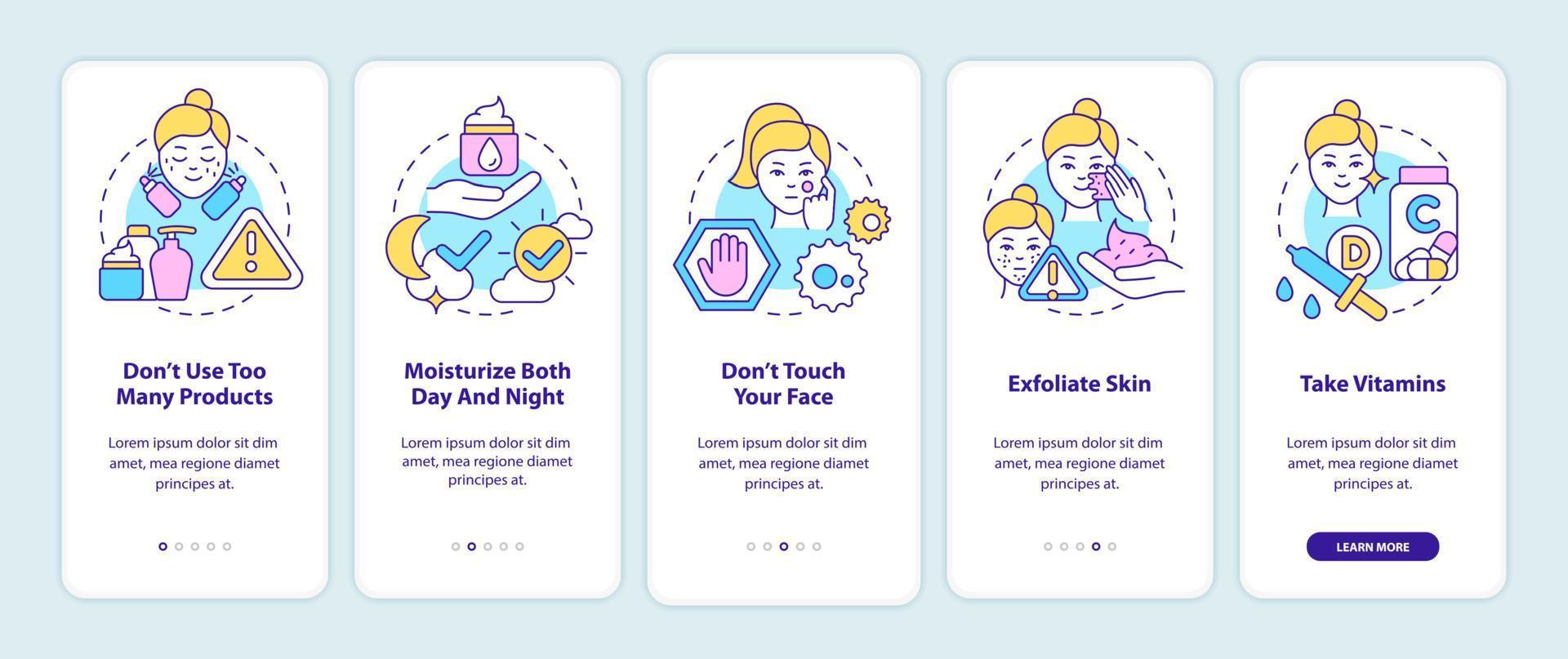 consejos para el cuidado de la piel al incorporar la pantalla de la aplicación móvil. Tutorial para una piel saludable Páginas de instrucciones gráficas de 5 pasos con conceptos lineales. interfaz de usuario, ux, plantilla de interfaz gráfica de usuario. innumerables fuentes pro-negrita y regulares utilizadas vector