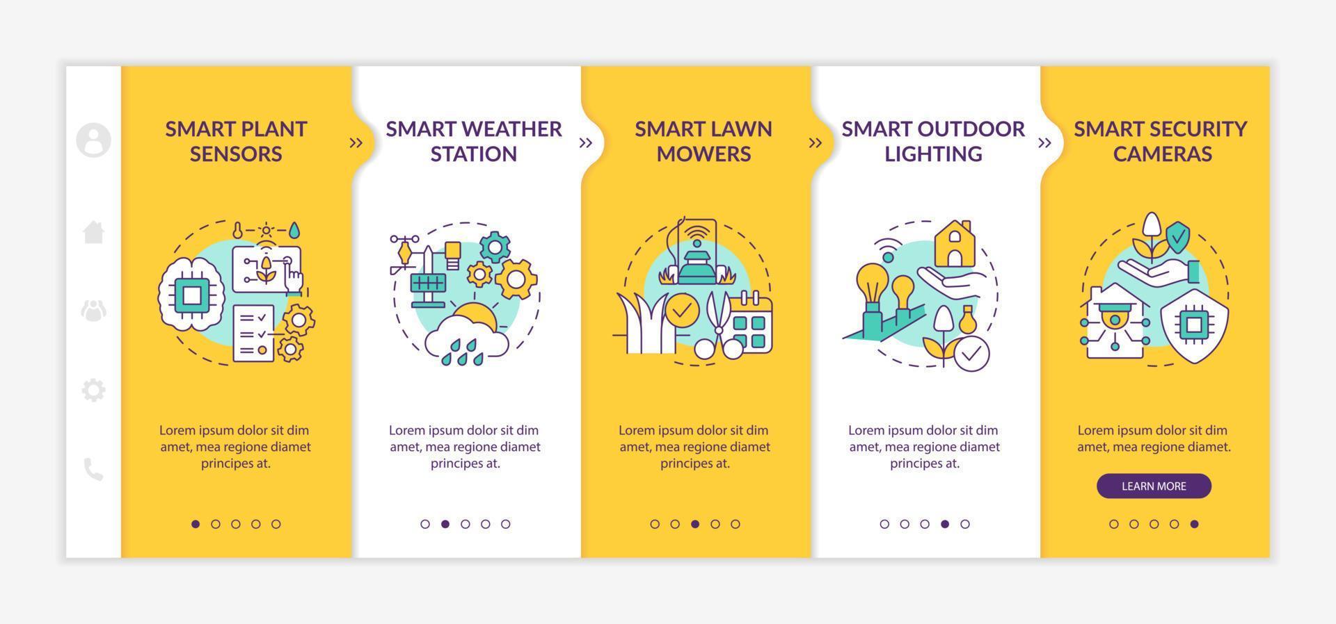 Smart devices for gardening yellow onboarding template. Outdoor lighting. Responsive mobile website with linear concept icons. Web page walkthrough 5 step screens. Lato-Bold, Regular fonts used vector