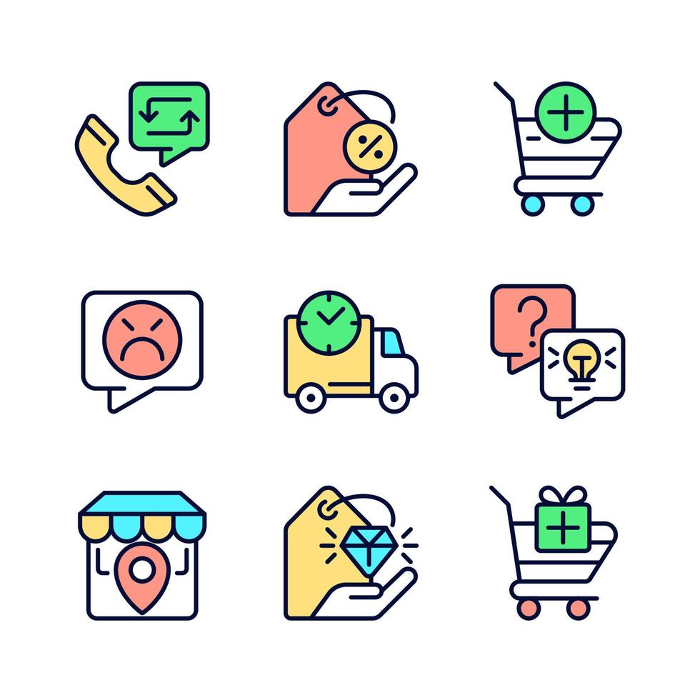 Internet shopping features pixel perfect RGB color icons set. Customer service. Product delivery. Isolated vector illustrations. Simple filled line drawings collection. Editable stroke