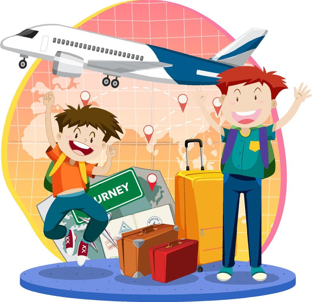 Happy tourists cartoon character with airplane vector