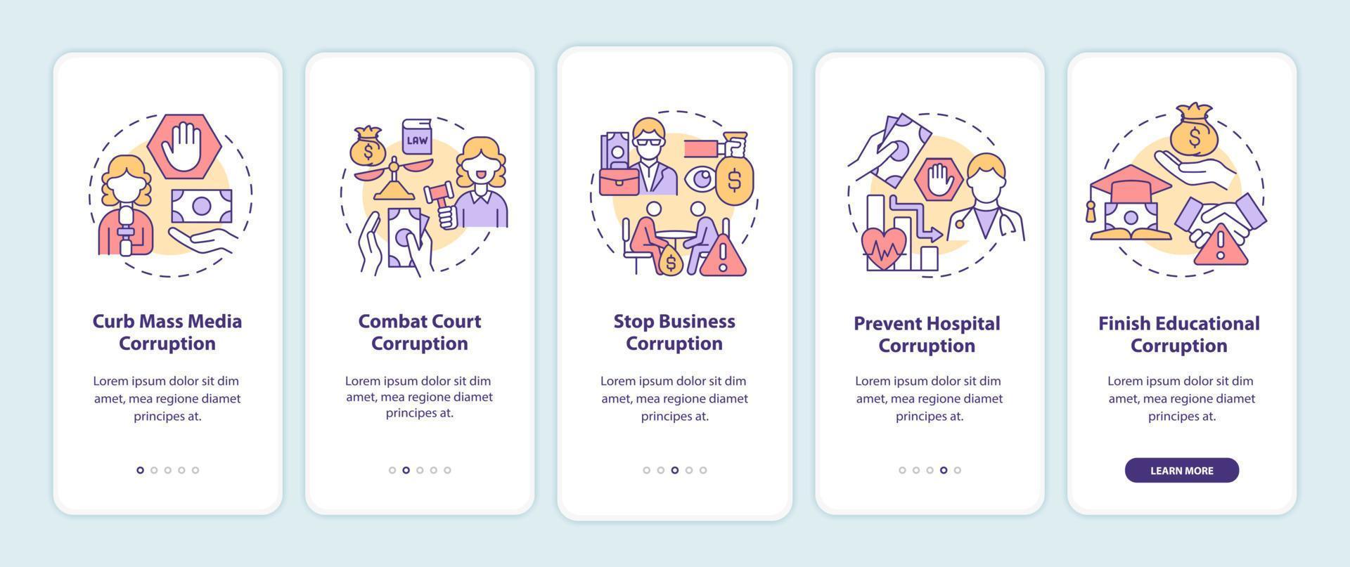 Corruption prevention onboarding mobile app page screen. Violation combat walkthrough 5 steps graphic instructions with concepts. UI, UX, GUI vector template with linear color illustrations