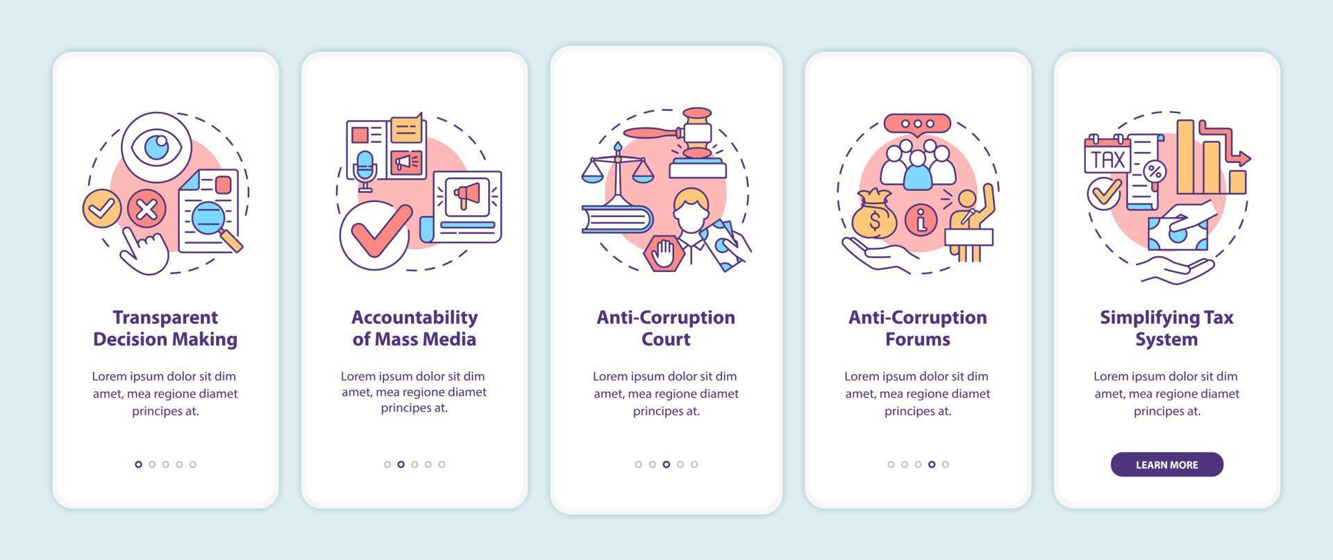 Fighting corruption onboarding mobile app page screen. Awareness and transparency walkthrough 5 steps graphic instructions with concepts. UI, UX, GUI vector template with linear color illustrations