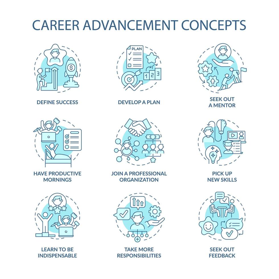 Career advancement blue concept icons set. Improvement in work. Successful employee. Professional development idea thin line color illustrations. Vector isolated outline drawings. Editable stroke