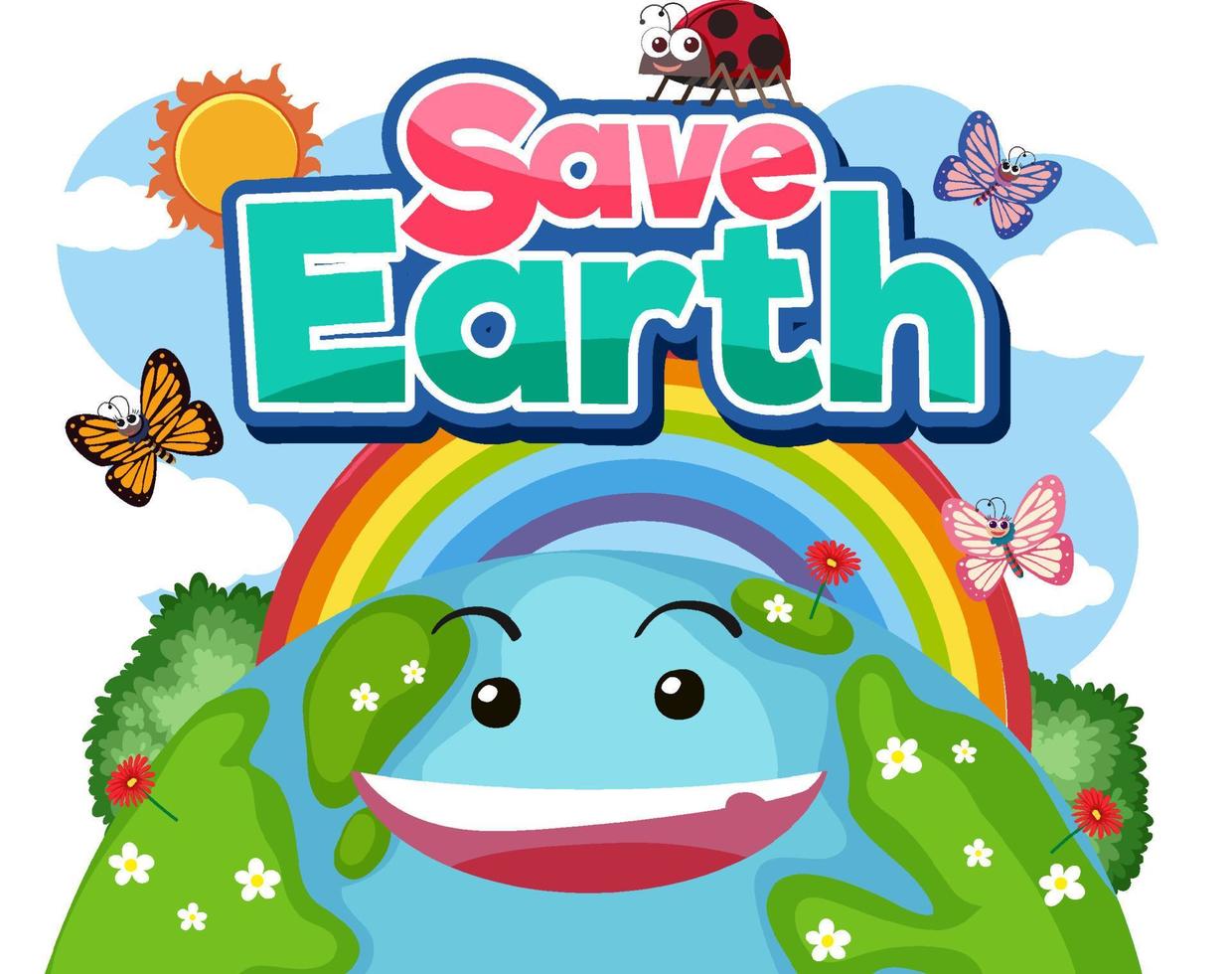 Save Earth typography logo with smile earth and rainbow vector