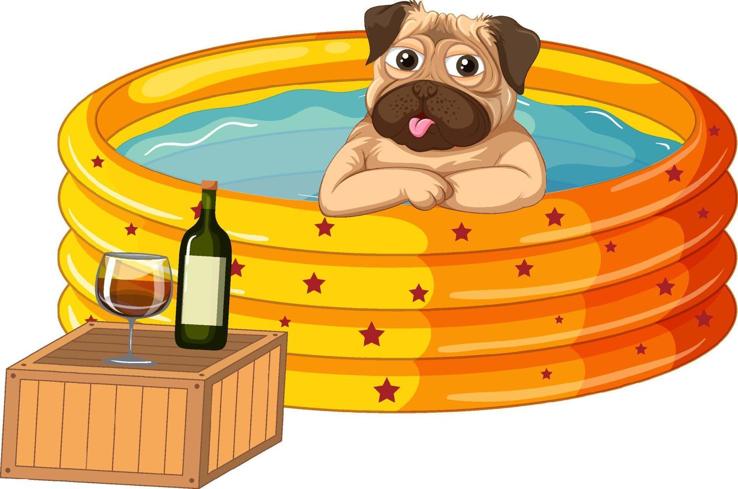 Pug soaking in water drinking wine vector