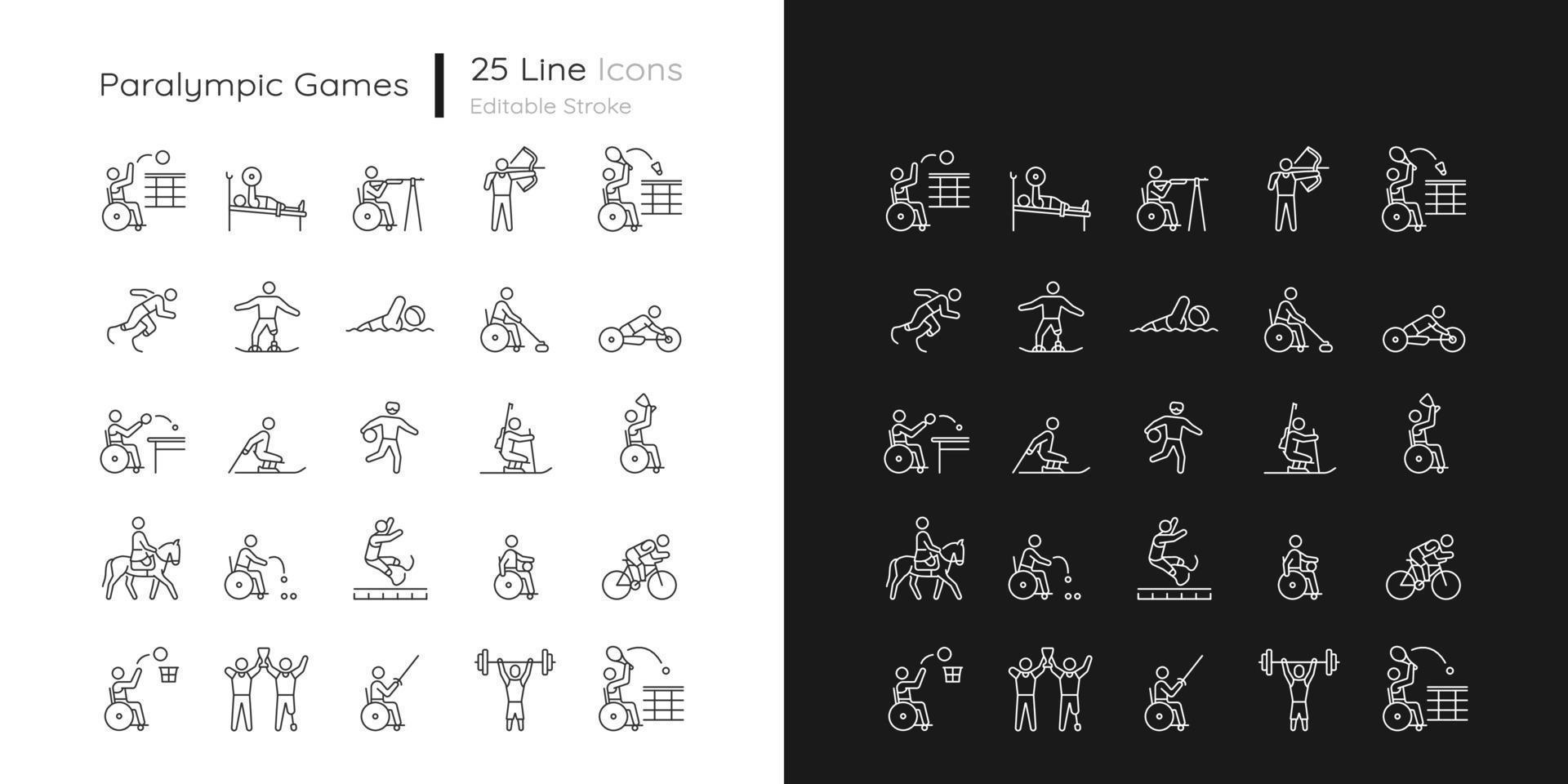 Sport competition linear icons set for dark and light mode. Athletes with disability. Customizable thin line symbols. Isolated vector outline illustrations collection. Editable stroke