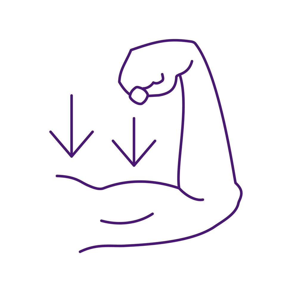 Muscle weakness RGB color icon. Physical disorder symptom. Sore biceps. Loss of body strenght. Anatomical issue. Health care problem. Isolated vector illustration. Simple filled line drawing