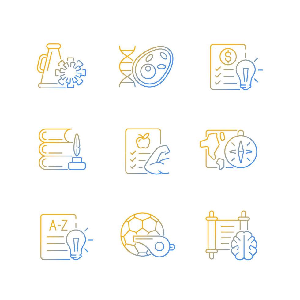 Various school subjects gradient linear vector icons set. Humanities and applied sciences. Health course in schools. Thin line contour symbols bundle. Isolated outline illustrations collection