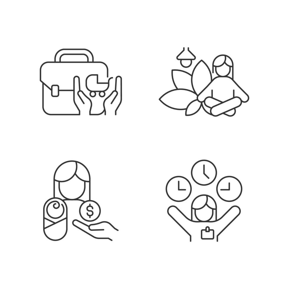 conjunto de iconos lineales de incentivos para empleados. asistencia para el cuidado de niños. espacio meditativo en el trabajo. horario flexible. símbolos de contorno de línea fina personalizables. ilustraciones aisladas de contorno vectorial. trazo editable vector