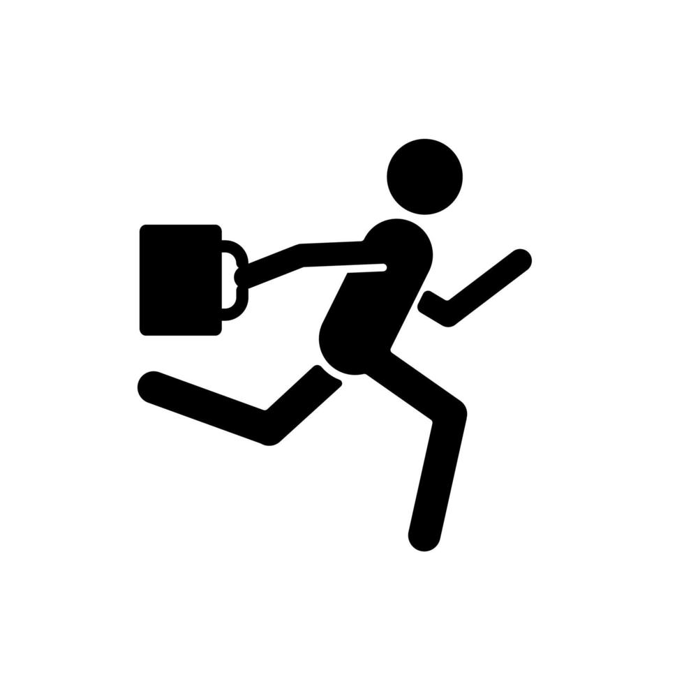 Hurry black glyph icon. Running man with bag in hand. Being late for work, meeting, appointment. Office man running to public transport. Silhouette symbol on white space. Vector isolated illustration