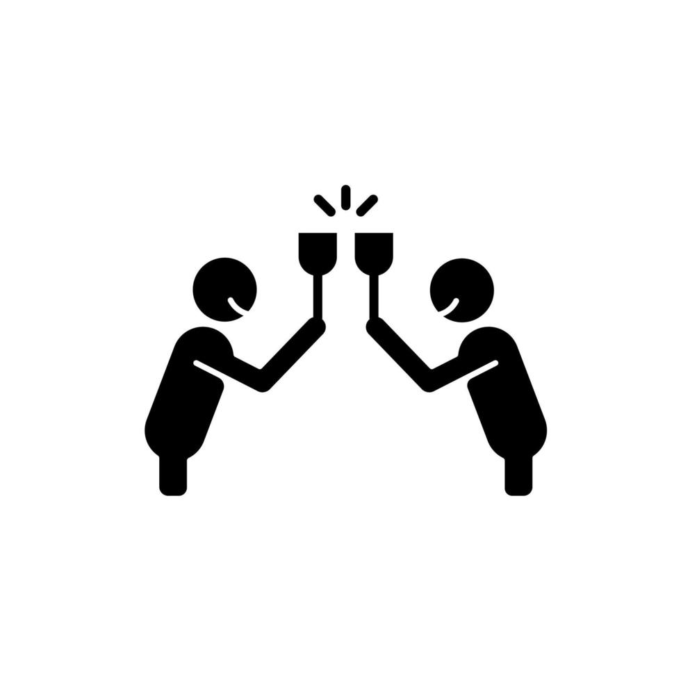 Clink glasses black glyph icon. Two people clinking glasses with smiles. Celebration party, joyful event. Toast proposing. Silhouette symbol on white space. Vector isolated illustration