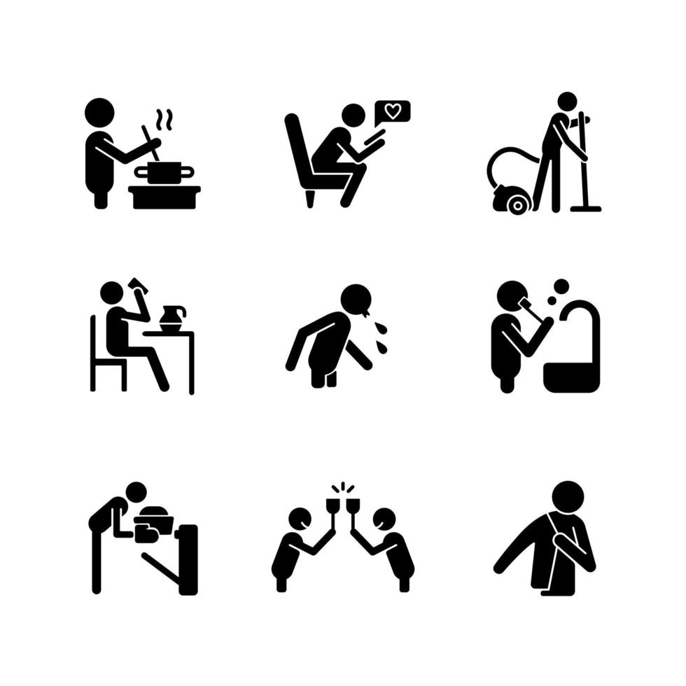 Day-to-day routine black glyph icons set on white space. Activities of daily living. Ordinal human life. Habitual patterns of human behavior. Silhouette symbols. Vector isolated illustration