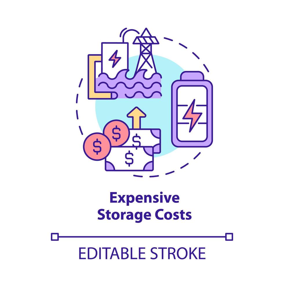 Expensive storage costs concept icon. Renewable energy disadvantage abstract idea thin line illustration. High prices for sustainable projects. Vector isolated outline color drawing. Editable stroke