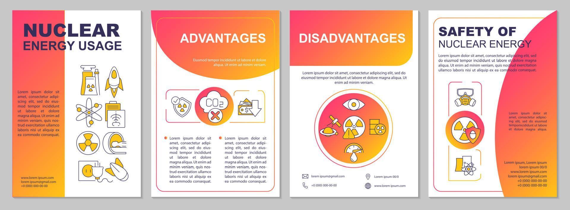 Nuclear power usage brochure template. Safety of atomic energy. Flyer, booklet, leaflet print, cover design with linear icons. Vector layouts for presentation, annual reports, advertisement pages