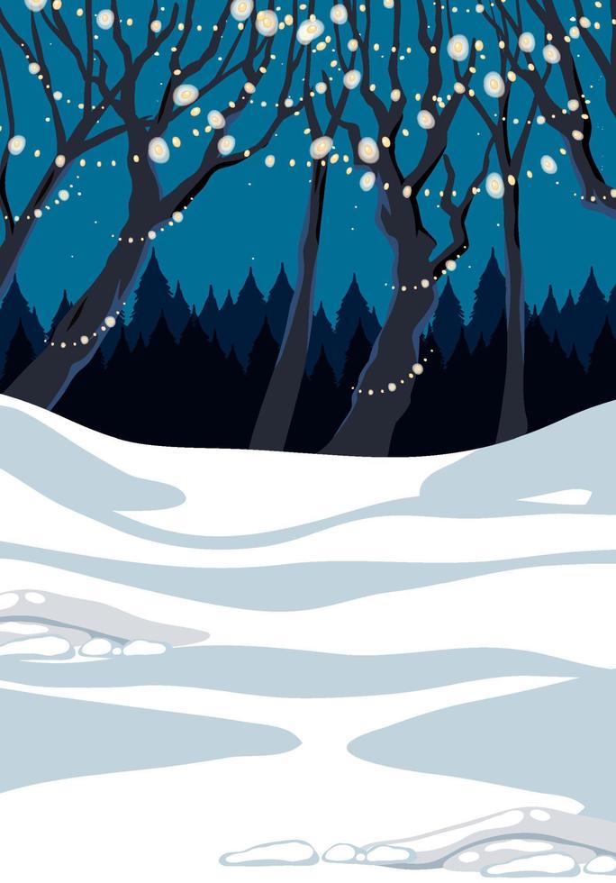 Scene with snow ground and tree decorated with lights vector