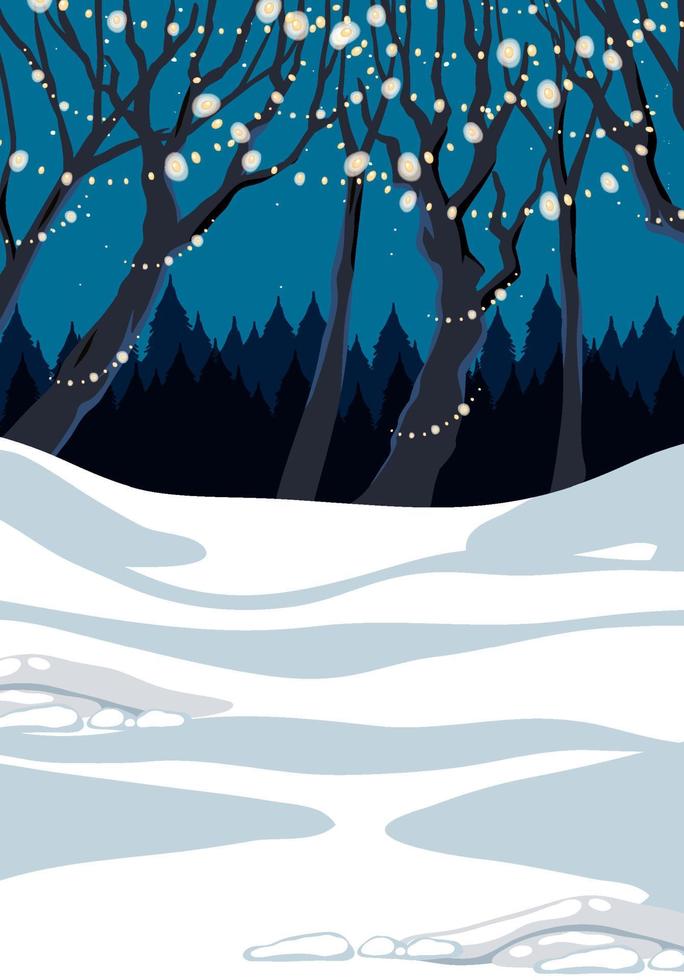 escena con suelo de nieve y árbol decorado con luces vector