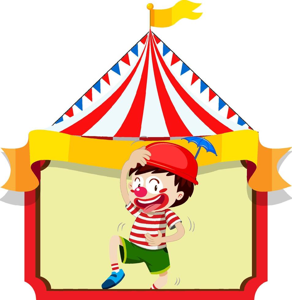 niño feliz con la nariz roja en la pancarta de la carpa del circo vector