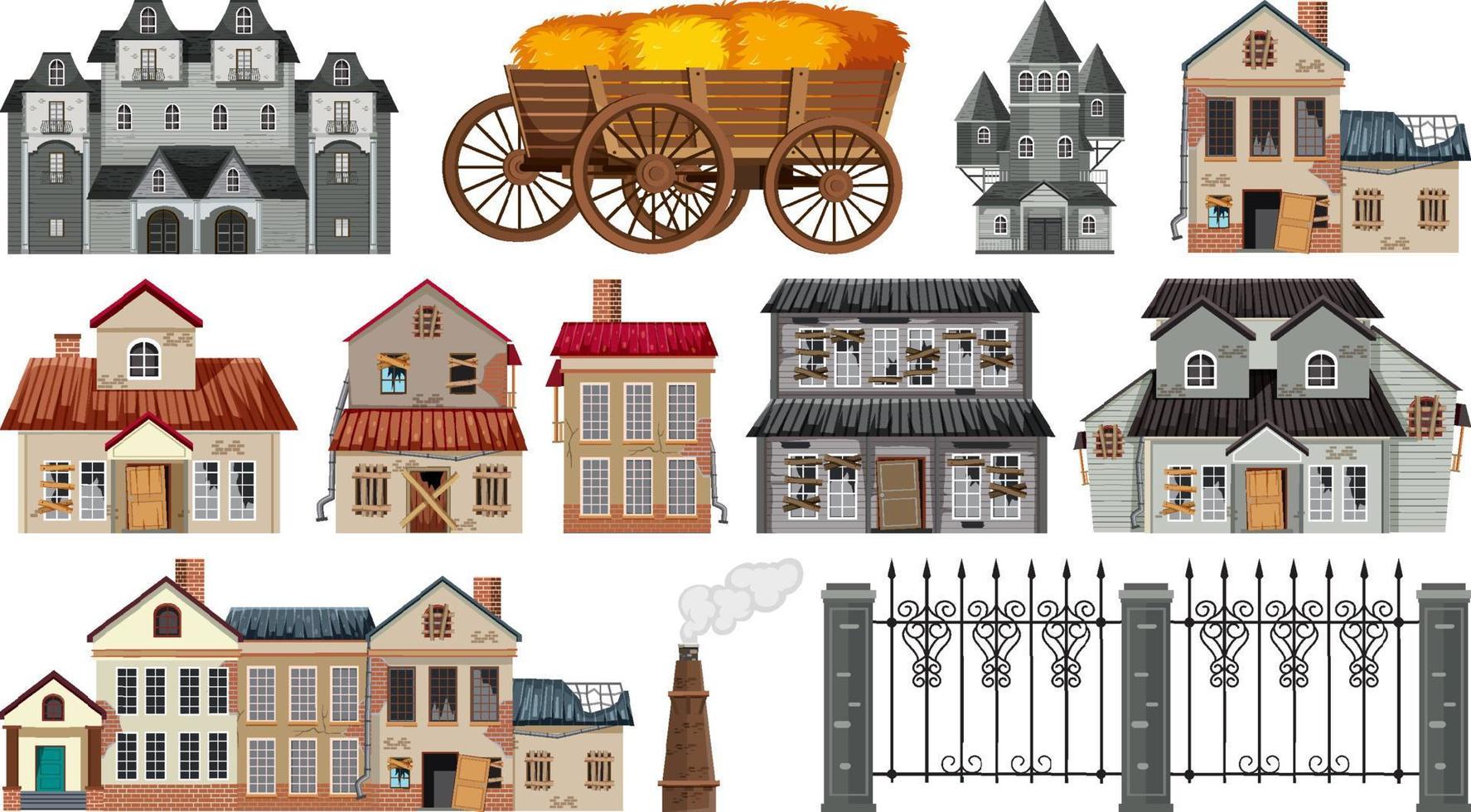 Set of abandoned houses and buildings vector