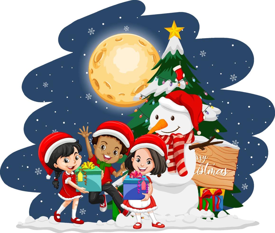 Christmas night with happy children in Christmas costumes vector