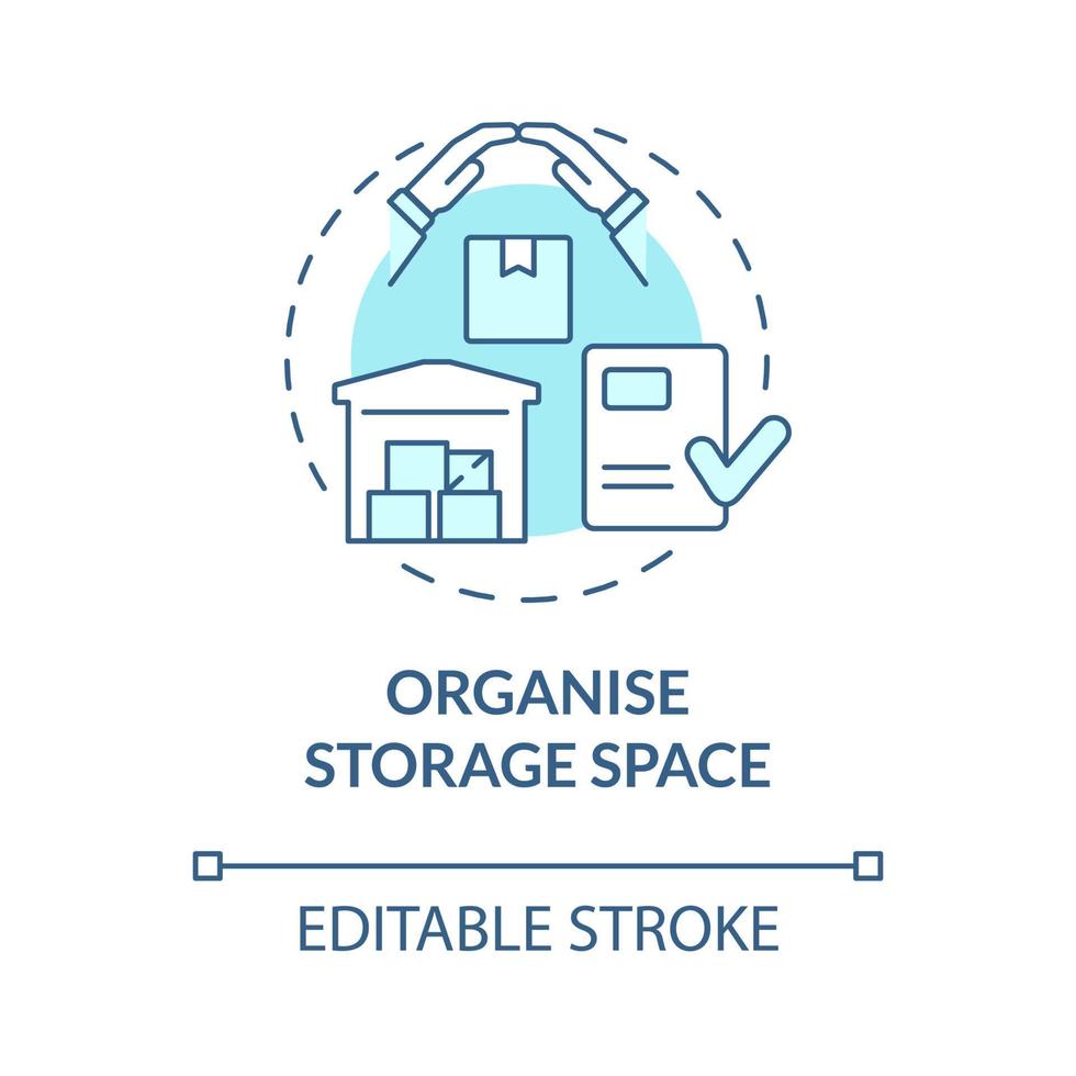 Organise storage space turquoise concept icon. Warehouse for delivery abstract idea thin line illustration. Isolated outline drawing. Editable stroke. Roboto-Medium, Myriad Pro-Bold fonts used vector