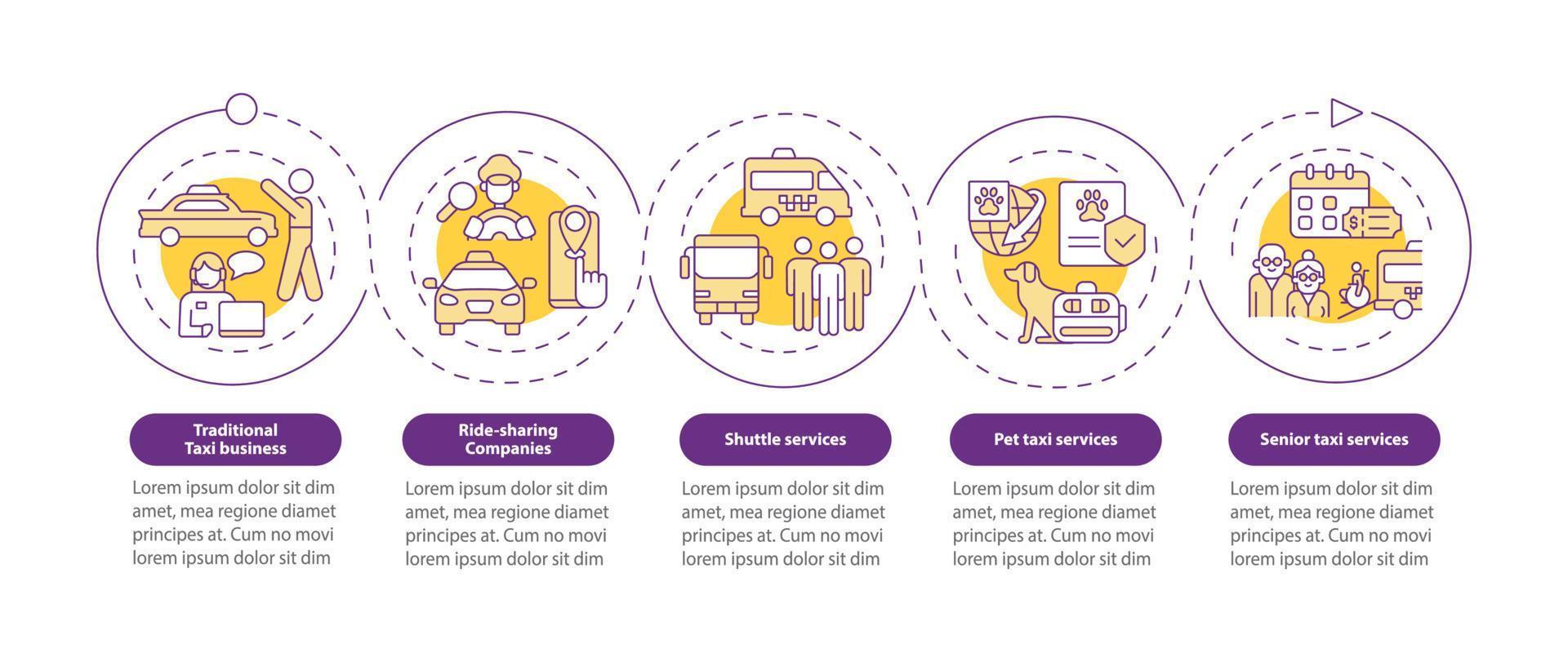 Taxi business types purple circle infographic template. Shipping service. Data visualization with 5 steps. Process timeline info chart. Workflow layout with icons. Myriad Pro-Bold, Regular fonts used vector