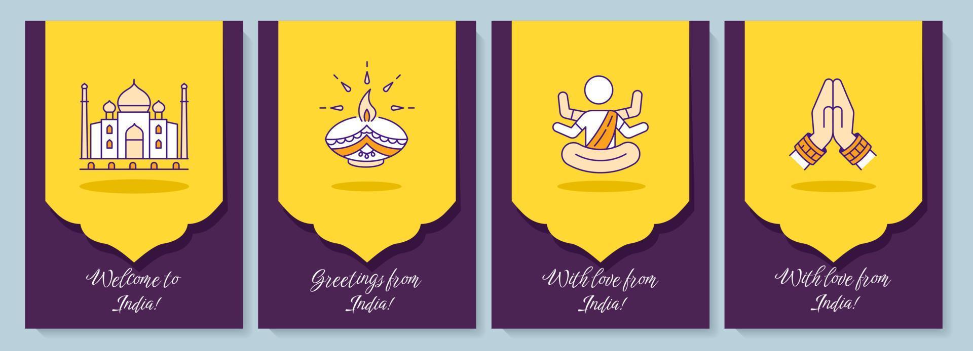 India travelling greeting card with color icon element set. Greetings and love from abroad. Postcard vector design. Decorative flyer with creative illustration. Notecard with congratulatory message