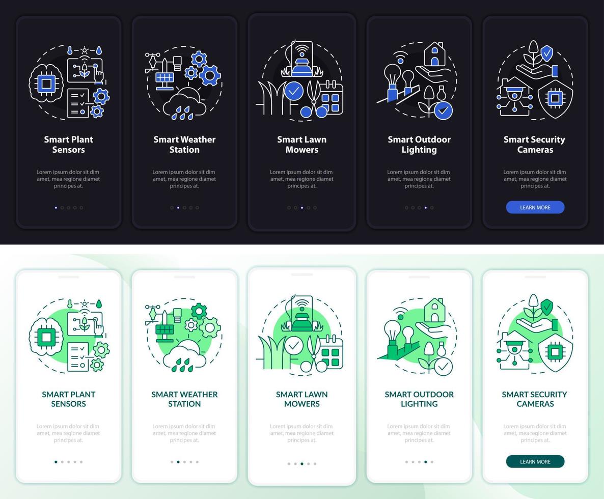 Smart agriculture night and day mode onboarding mobile app screen. Walkthrough 5 steps graphic instructions pages with linear concepts. UI, UX, GUI template. Myriad Pro-Bold, Regular fonts used vector