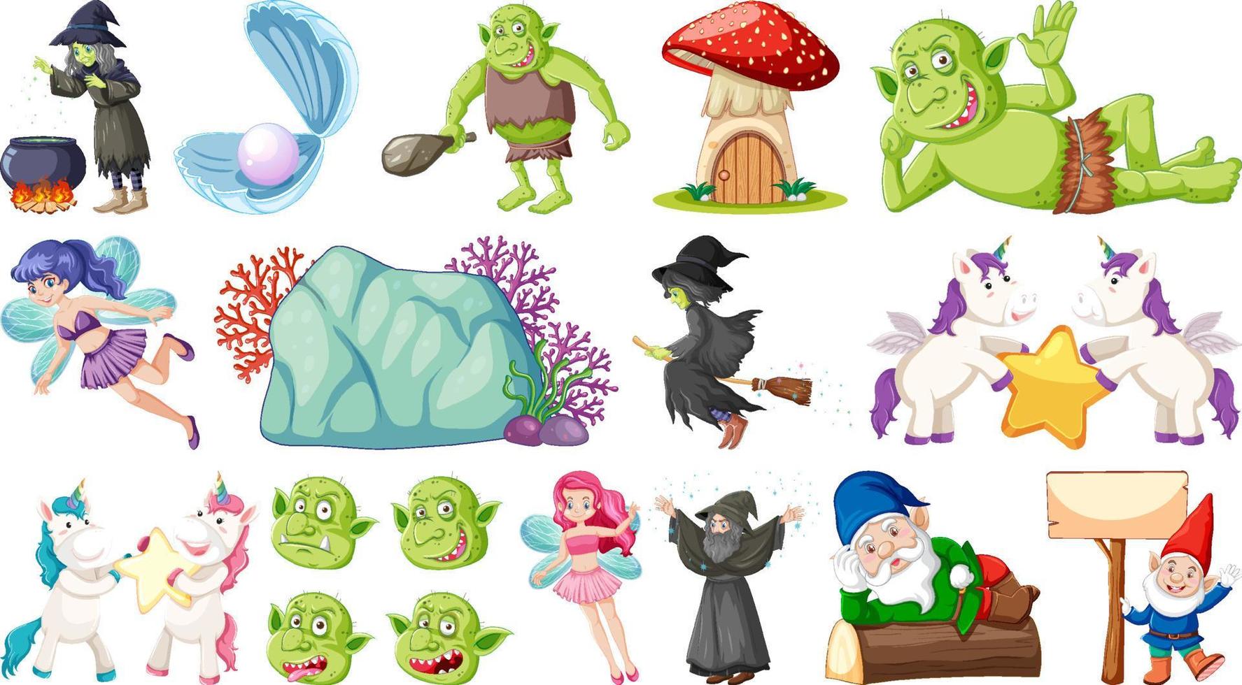 Set of fantasy fairy tale characters and elements vector