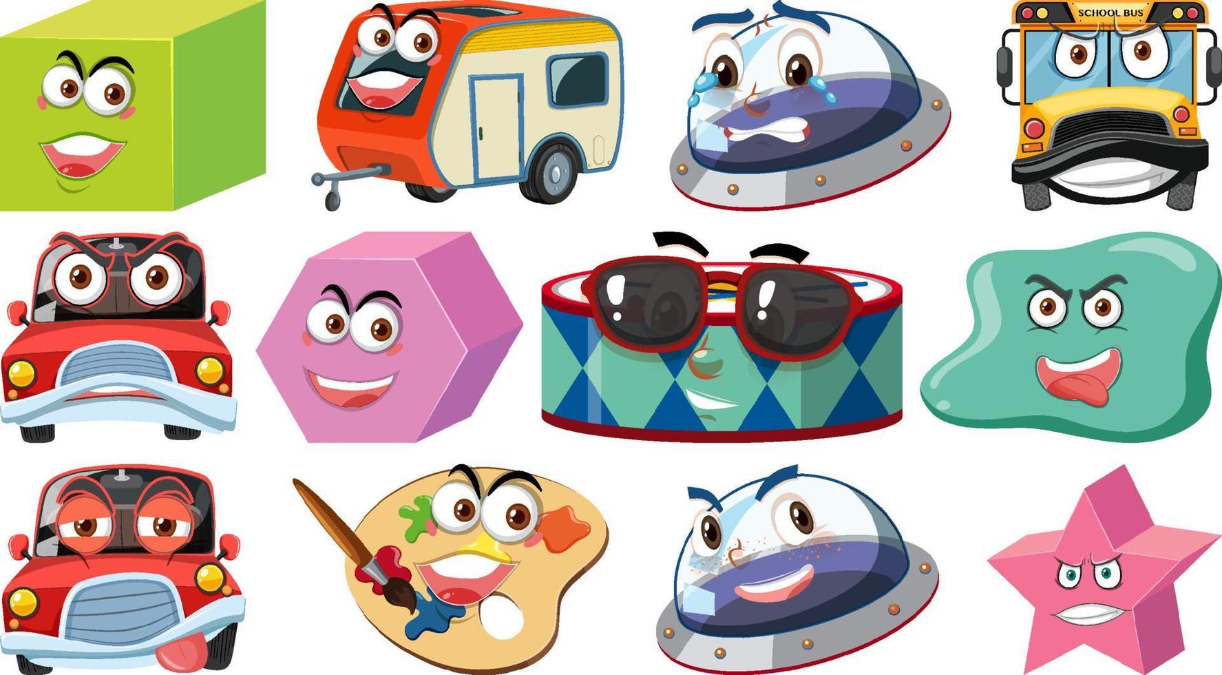 Set of different toy objects with smiley faces vector