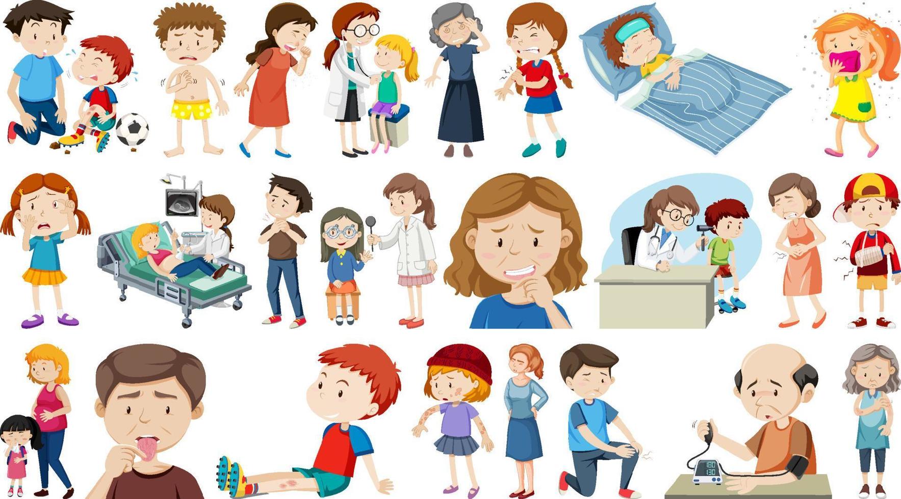 Set of sick people with different symptoms vector