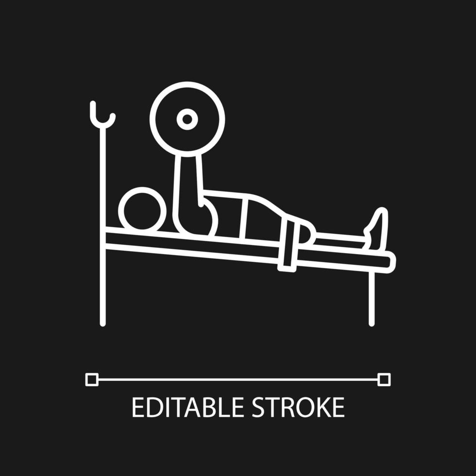 Powerlifting white linear icon for dark theme. Sportsman lifts weights. Athlete with disability. Thin line customizable illustration. Isolated vector contour symbol for night mode. Editable stroke