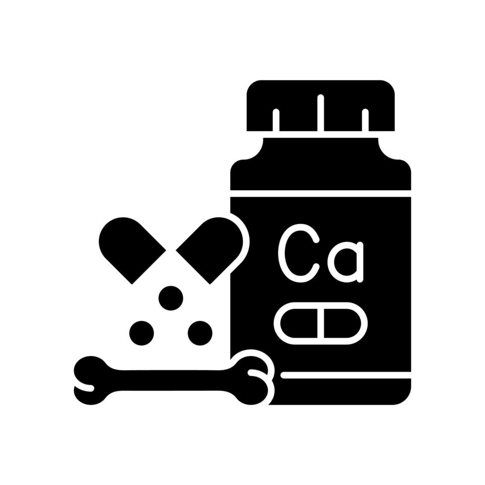 Calcium supplements black glyph icon. Osteoporosis prevention medication. Complementary medication for vegans and lactose intolerant. Silhouette symbol on white space. Vector isolated illustration