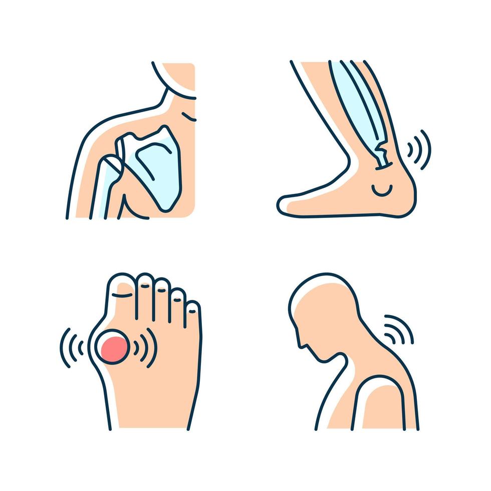 Musculoskeletal pain RGB color icons set. Dislocated shoulder. Muscles overstretching. Uric acid buildup. Neck rheumatism. Isolated vector illustrations. Simple filled line drawings collection