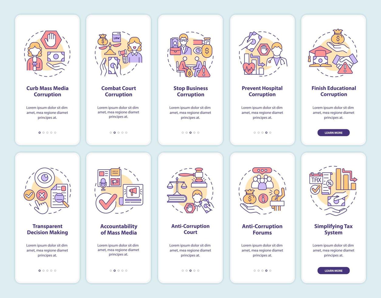Corruption onboarding mobile app page screen. Corrupted government walkthrough 5 steps graphic instructions with concepts. UI, UX, GUI vector template with linear color illustrations