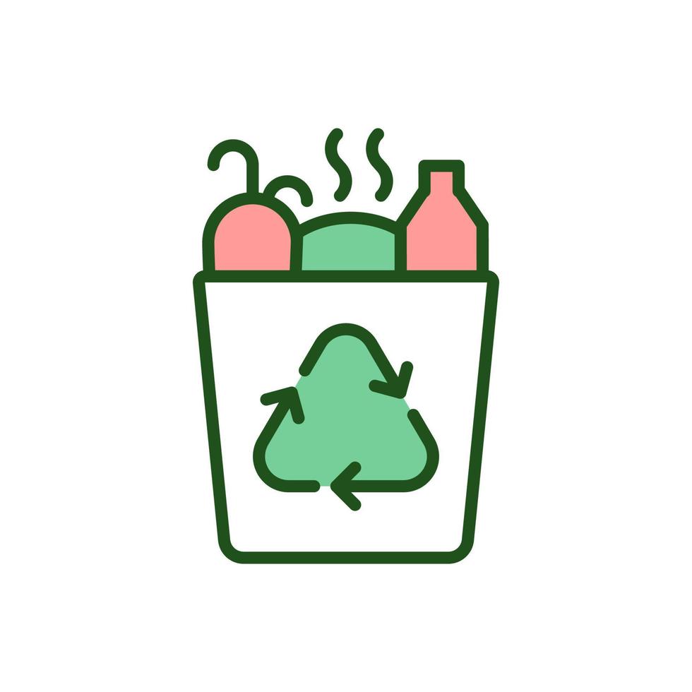 Trashcan full of garbage RGB color icon. Waste recycling sign on bin. Environmental protection. Collection of household refuse. Isolated vector illustration. Simple filled line drawing
