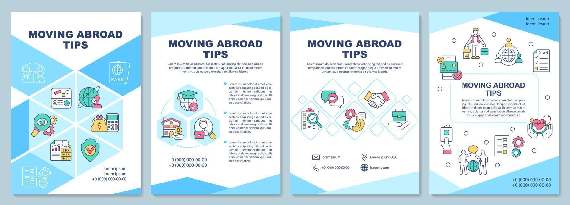 Moving abroad tips brochure template. Relocate to foreign country. Flyer, booklet, leaflet print, cover design with linear icons. Vector layouts for presentation, annual reports, advertisement pages
