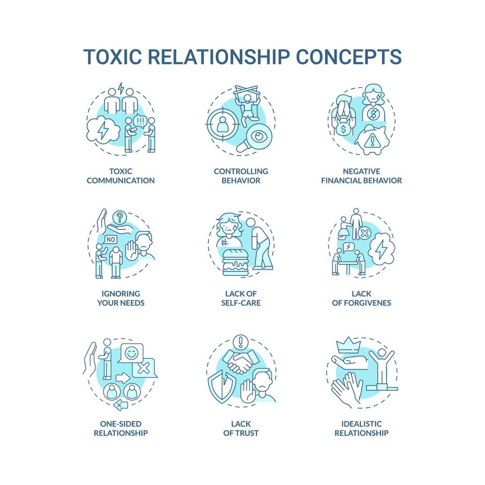 Relationship abuse concept icons set. Manipulative partner. Forgiveness and trust lack. Hostile communication idea thin line color illustrations. Vector isolated outline drawings. Editable stroke